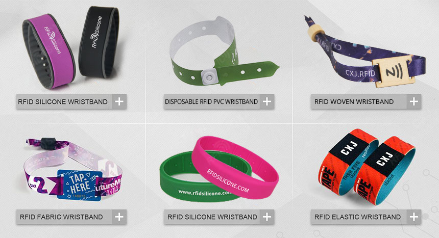 A variety of CXJ wristbands with RFID chips