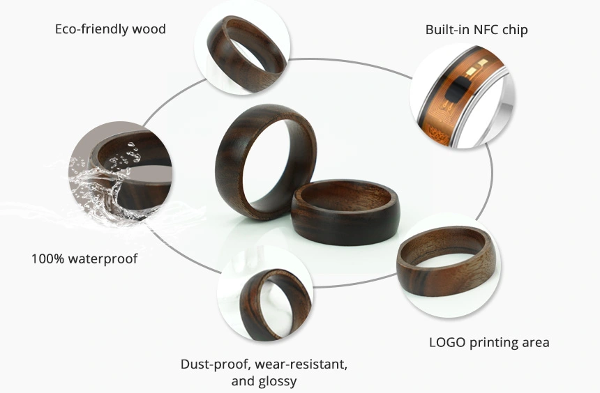 details of smart ring with nfc made of wood