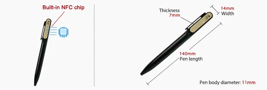 Size & design of RFIDSilicone NFC Pen Smart NTAG213 Chip Aluminum Ballpoint Pen RS-NP001