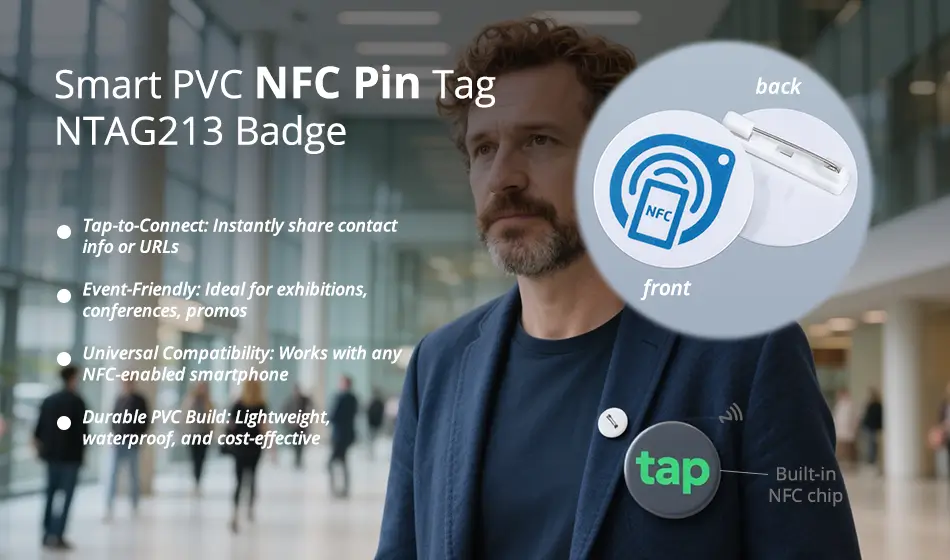 Smart PVC NFC Pin Tags NTAG213 Logo & QR Code Badges