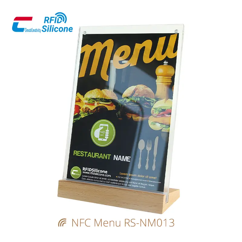 NFC Restaurant Menu Holder Acrylic Stand with Wood Base