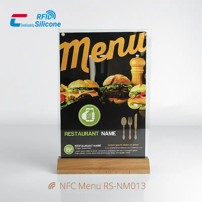 NFC Restaurant Menu Holder Acrylic Stand with Wood Base