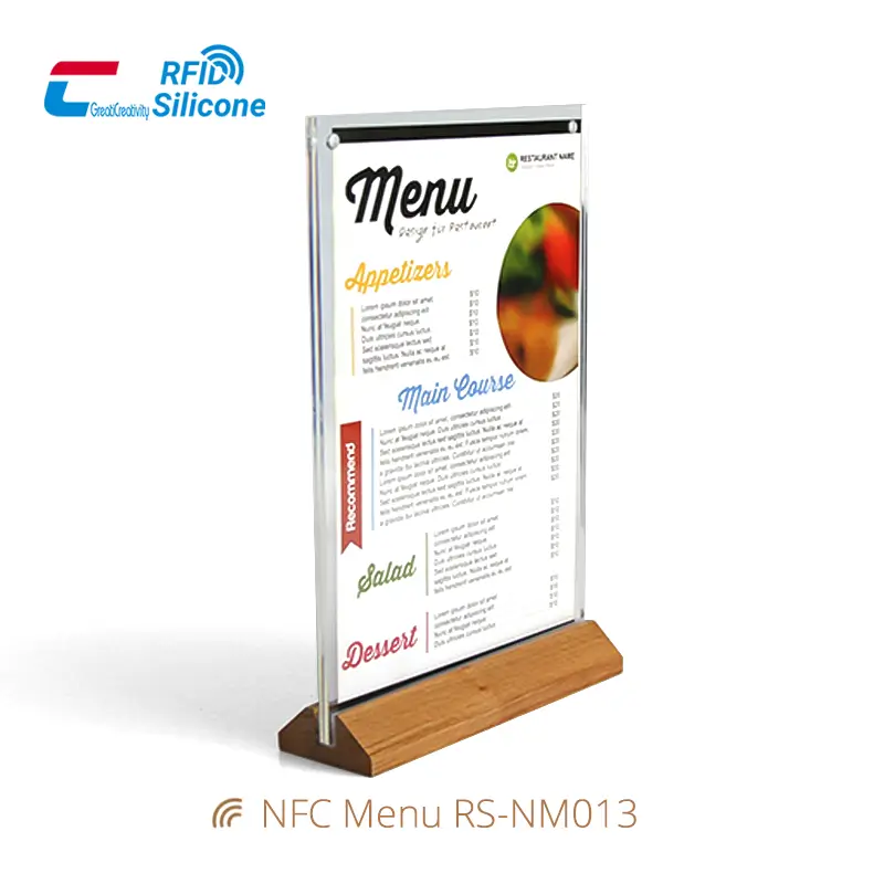 NFC Restaurant Menu Holder Acrylic Stand with Wood Base