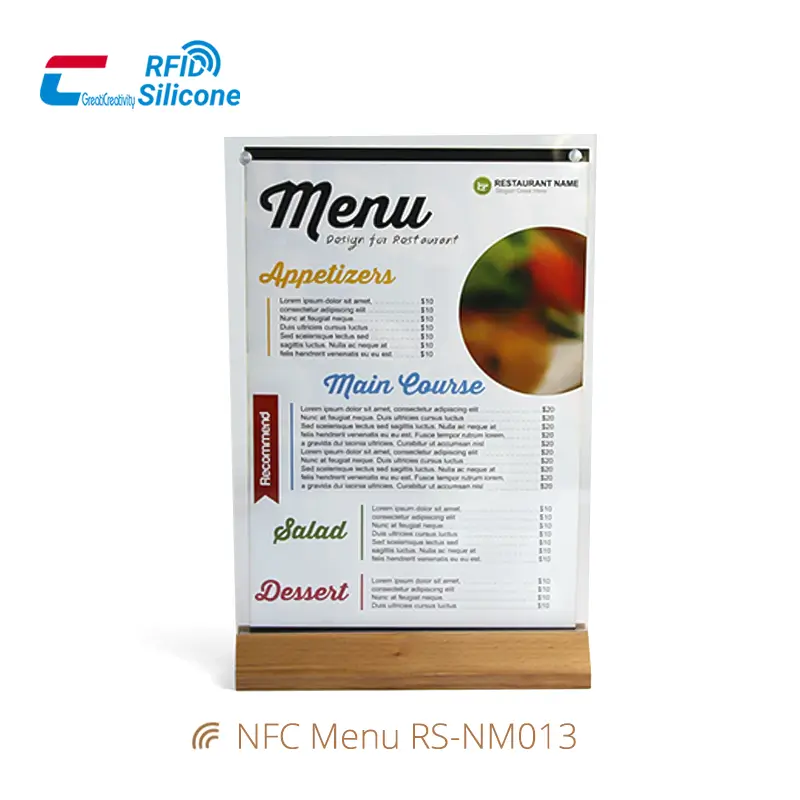 NFC Restaurant Menu Holder Acrylic Stand with Wood Base