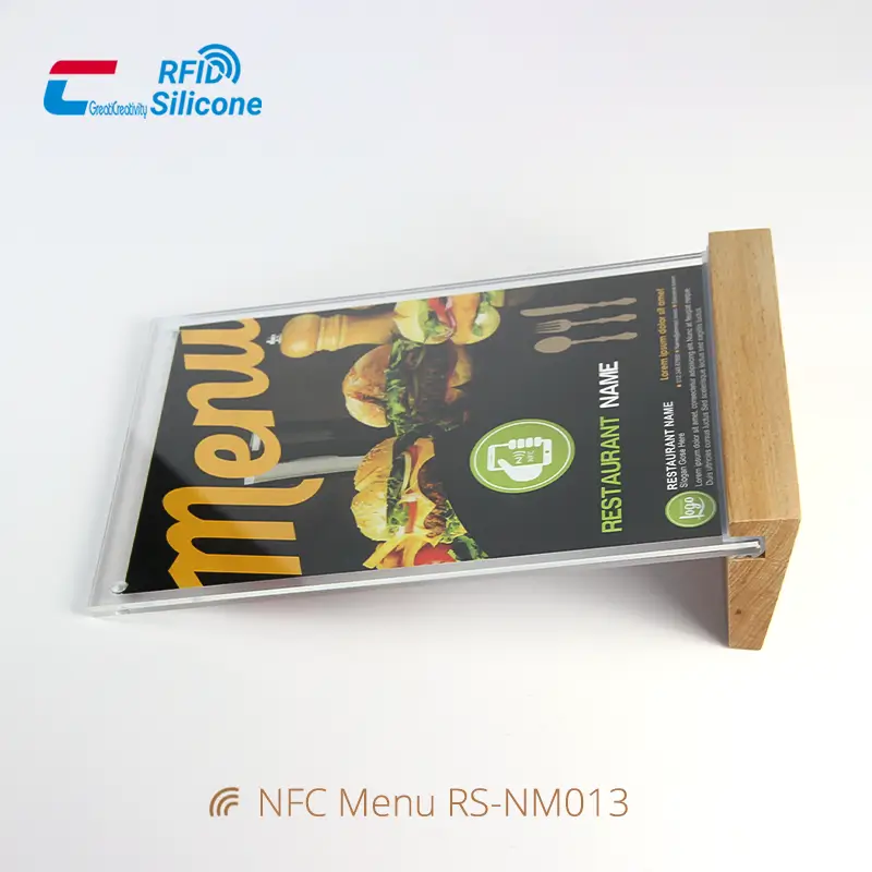 NFC Restaurant Menu Holder Acrylic Stand with Wood Base