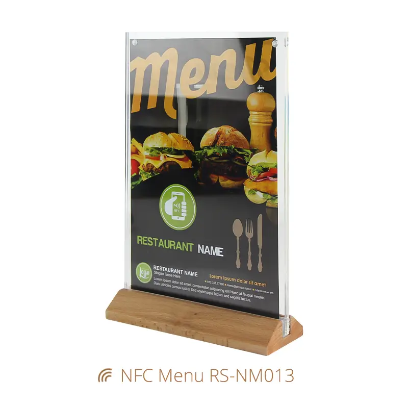 NFC Restaurant Menu Holder Acrylic Stand with Wood Base