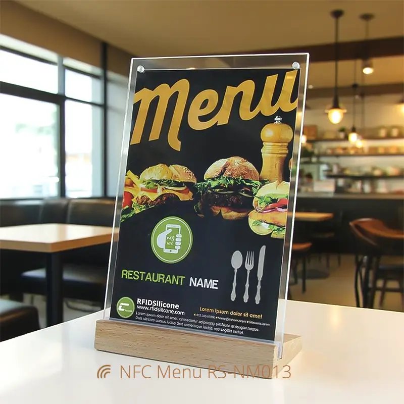 NFC Restaurant Menu Holder Acrylic Stand with Wood Base