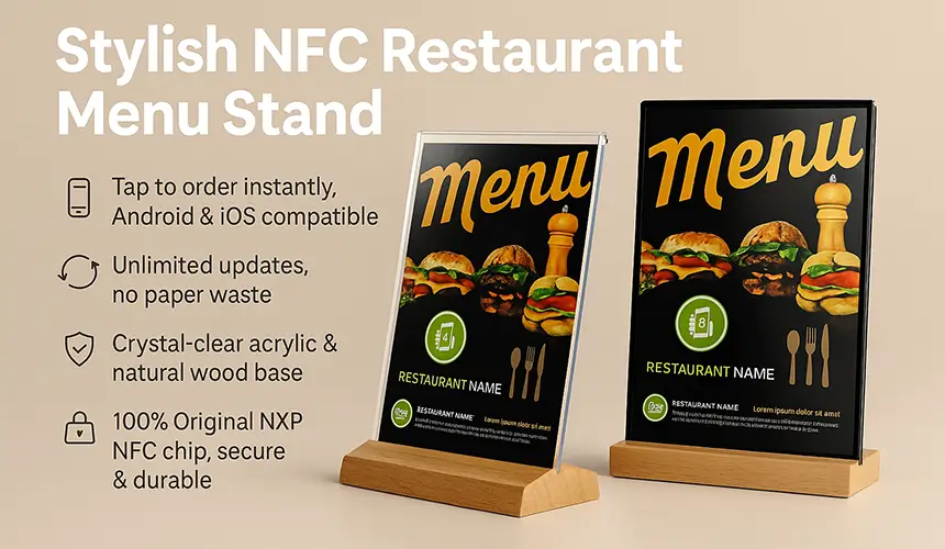 CXJ NFC Restaurant Menu Holder Acrylic Stand with Wood Base
