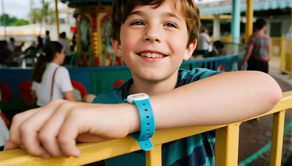 Child entering theme park using RFID silicone wristband