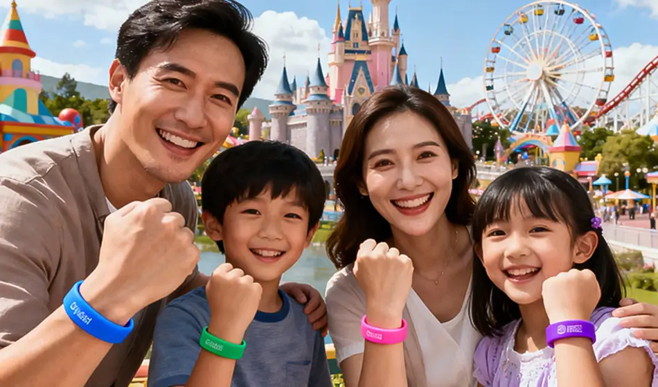 Family enjoying theme park wearing RFID wristbands