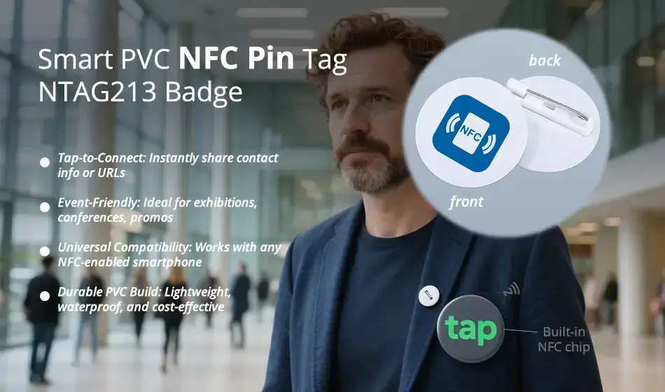 Smart PVC NFC Pin Tags NTAG213 Logo & QR Code Badges